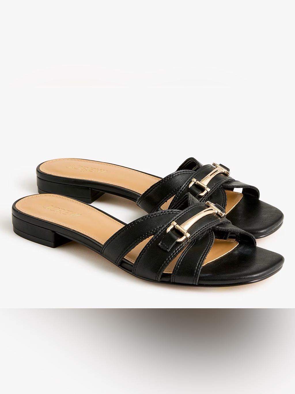 J.Crew 9 Emma Black Faux Leather Tan Interior Gold Tone Bit Slide Sandals